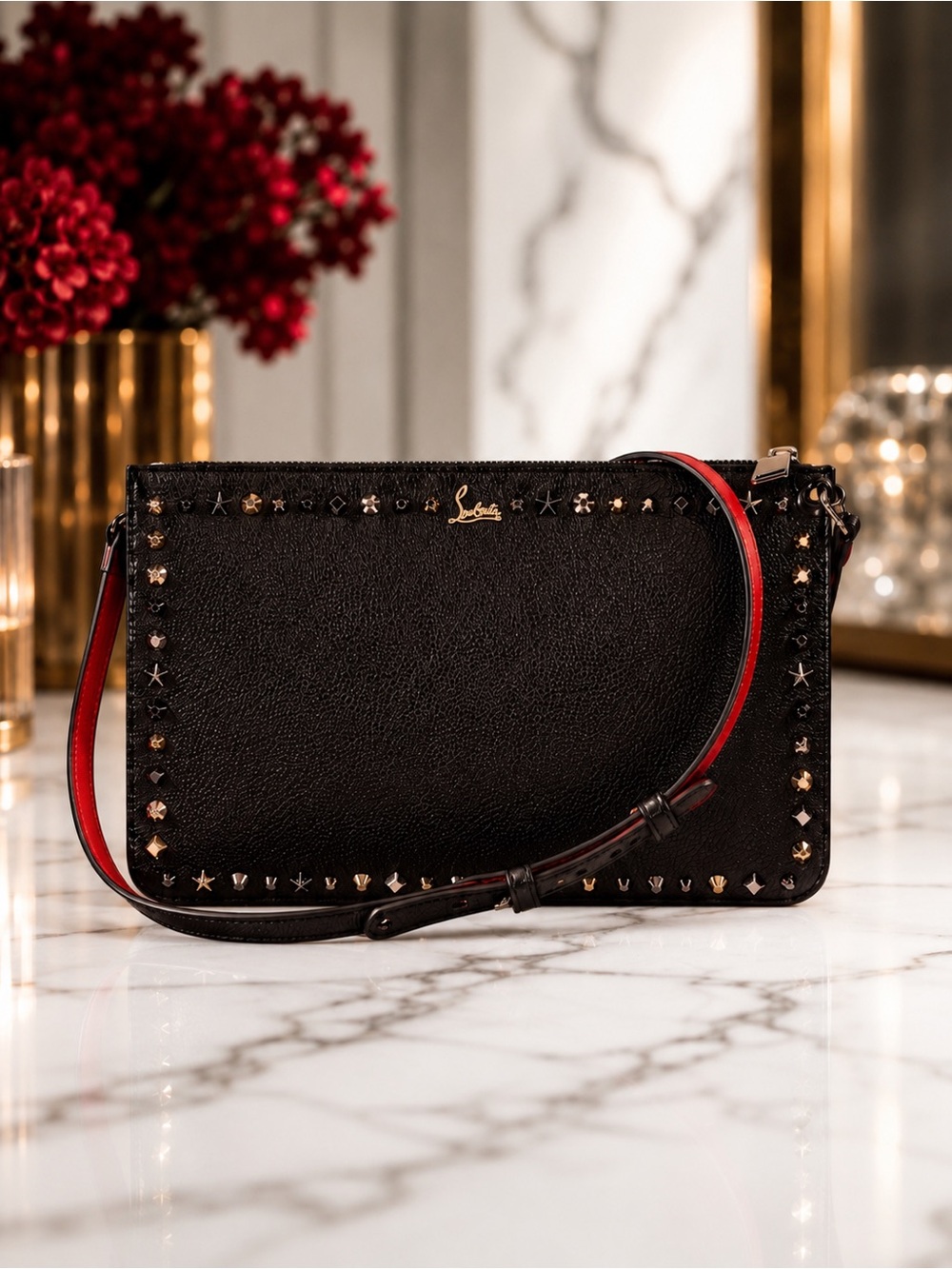 Christian Louboutin Loubiclutch Black Studded Leather 2-Way Bag | Red Interior